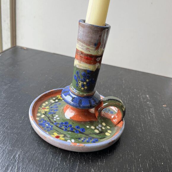 Hand-Painted Folk Art Pottery Candle Holder – Boho Cottagecore Studio Ceramic - Picture 3 of 10